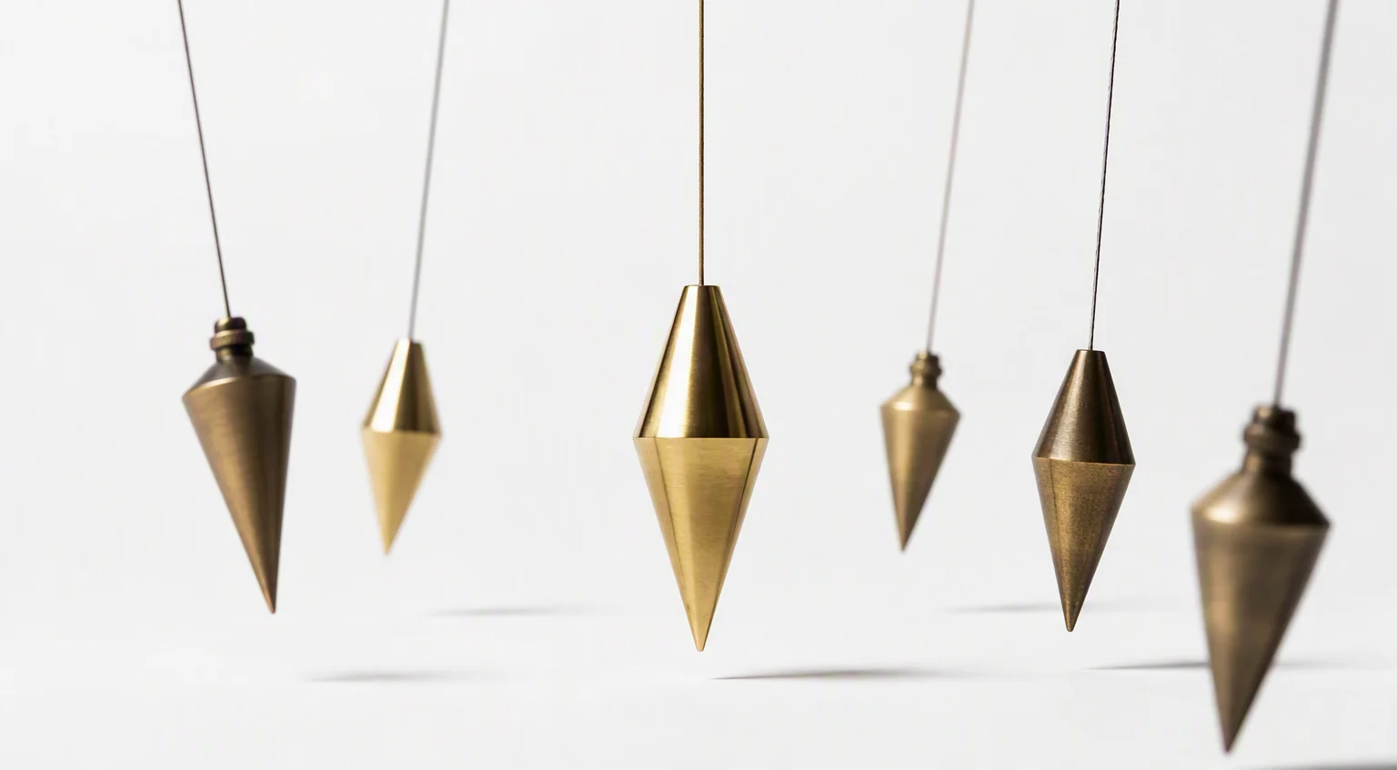 Suspended brass plumb-bob forms in a studio composition, one in sharp focus